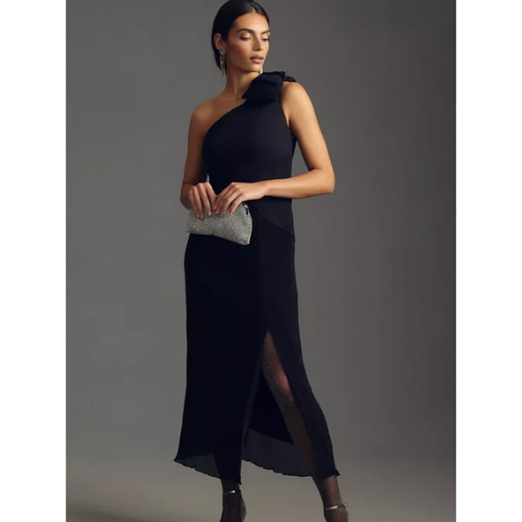 Anthropologie Dresses & Skirts - Anthropologie Maeve Pleated One Shoulder Dress -Bow-Long-Slit-Black-Women 0-NEW